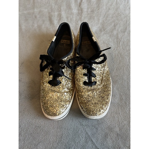 Keds By Kate Spade New York Gold Sneakers Sz 9.5 M Glitter Sparkle Satin Laces - Picture 2 of 9